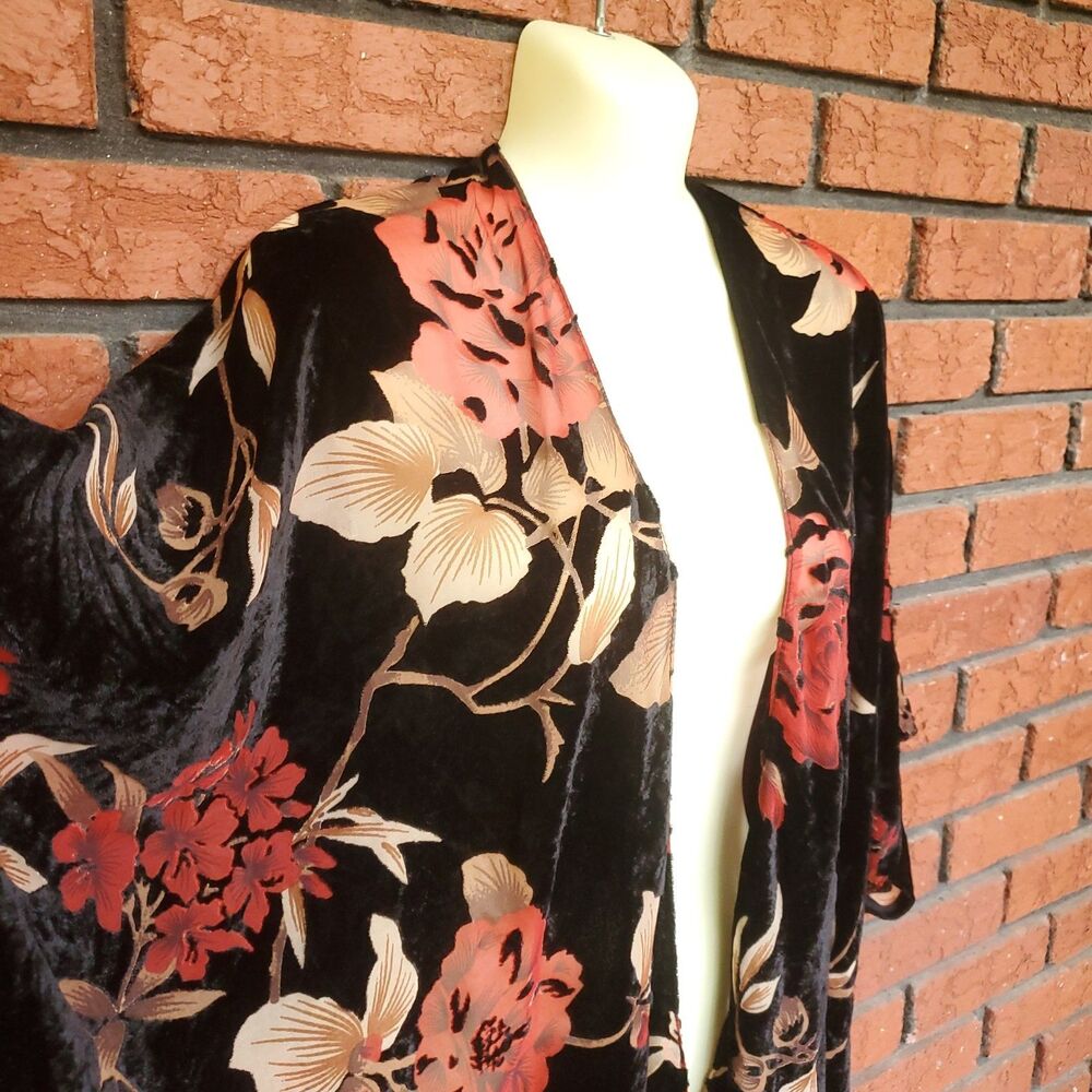 Black Velvet Floral Burnout Kimono Cardigan Mesh Wrap Top One Size Janice